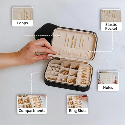 Small Travel Jewelry Box Organizer for women & Girls, Portable Small Travel Jewelry Case Organizer for Traveling, PU Leather Mini Box for Earrings, Necklaces, Rings, Bracelets - Black