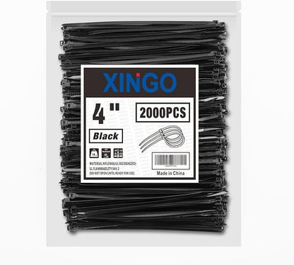 XINGO Black Zip Ties 4 Inch 2000 Pack,Small Zip Ties with 18lbs Tensile Strength, Self-Locking Nylon PA66 Cable Ties for Electronics Organizer, Home Office Garage Multiple Use