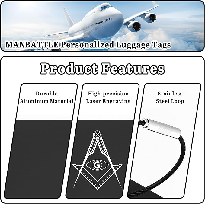 4 PCS Personalized Luggage Tags for Suitcases, Custom Aluminum Luggage Tags for Bags and Backpacks, Waterproof & Heavy Duty Personalized Metal Name Tags for Travel (Black)