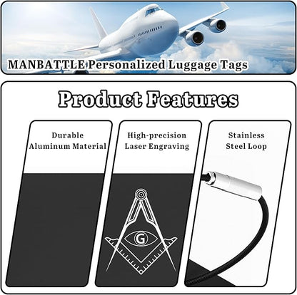 4 PCS Personalized Luggage Tags for Suitcases, Custom Aluminum Luggage Tags for Bags and Backpacks, Waterproof & Heavy Duty Personalized Metal Name Tags for Travel (Black)