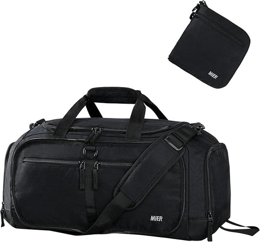MIER Foldable Duffle Bag with Shoe Compartment 50L Travel Duffel Bags for Men Women Packable Overnight Bag for Camping Gym Weekender, Black