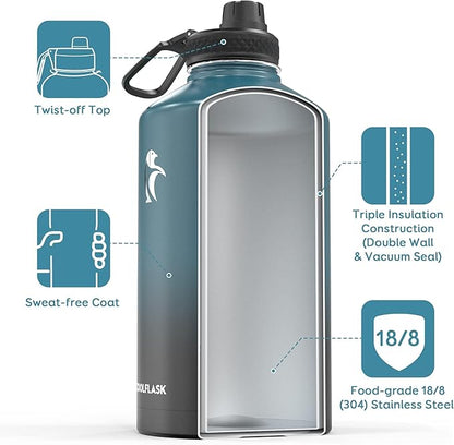 Coolflask 128 oz Gallon Water Bottle Insulated with Straw&3 Lids, Water Jug Large Stainless Steel Metal Vacuum Wide Mouth for Sports, Gym or Office, Non-BPA Keep Cold 48H Hot 24H, Samurai Cyan