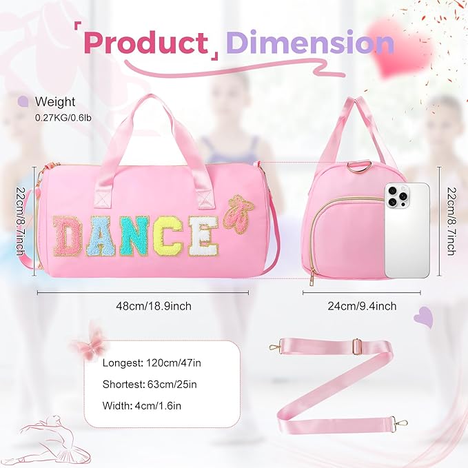 Dance Bag for Girls, KUIRAN Travel Duffel Bag with Shoe Compartment Lightweight Gym Sport Ballet Weekender Bag - Pink/Shoe Compartment