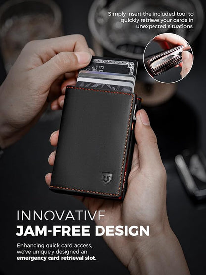 LORZOR Wallet for Men with Metal Card Holder, Pop Up Wallet, Finest Full Grain Leather Trifold Wallet, Smart, Minimalist, RFID Blocking, Front Pocket, ID Window, Black/Orange