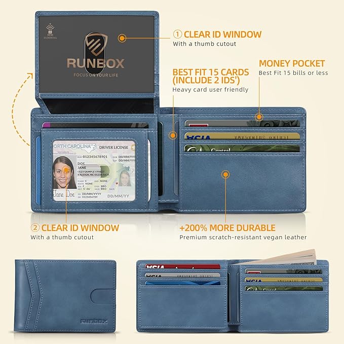 RUNBOX Wallet for Men Slim Rfid Leather 2 ID Window With Gift Box