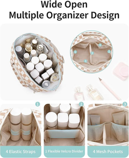 Narwey Travel Toiletry Bag, Wide-open Large Toiletry Bags for Traveling Women, Checkered Travel Bag for Toiletries Cosmetic Makeup Bag Organizer, Skincare Make Up Bag (Light Checkerboard)