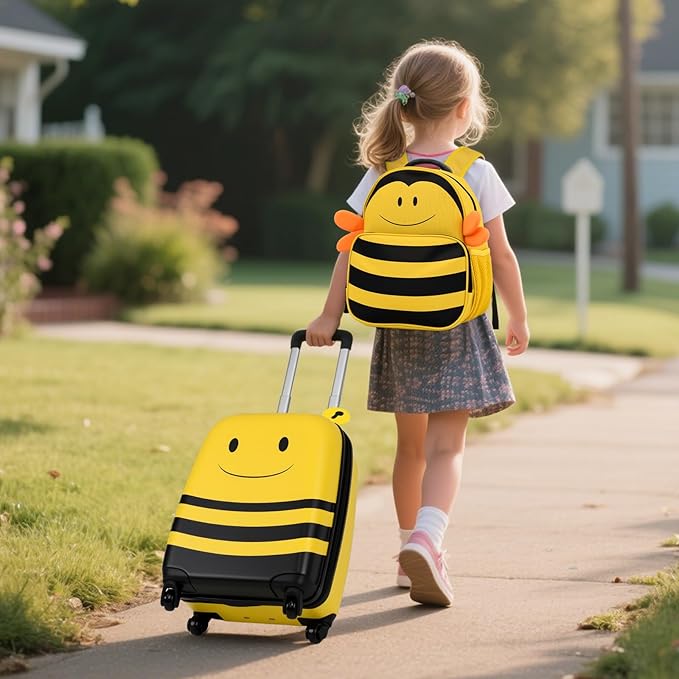 HONEY JOY Kids Luggage, 12” Children Hardshell Backpack & 16” Toddler Travel Rolling Suitcase, 2 Pcs Lightweight Carry On Luggage Set, Kids Luggage with Wheels for Girls & Boys(Yellow Bee)