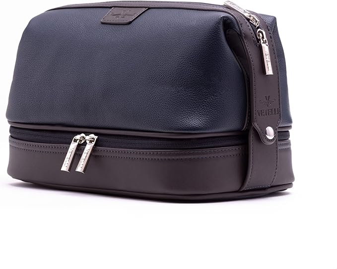 Vetell Leo Large Leather Men's Travel Toiletry and Shaving Case Bag with Upper and Lower Zippered Compartments, 3 Interior Loops and Carrying Handles