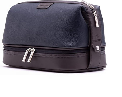 Vetell Leo Large Leather Men's Travel Toiletry and Shaving Case Bag with Upper and Lower Zippered Compartments, 3 Interior Loops and Carrying Handles