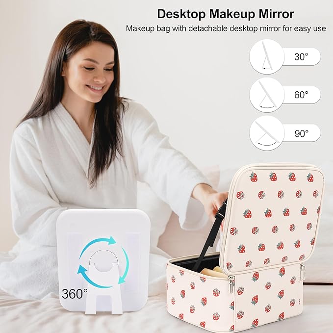 TANTO Makeup Bag With LED Mirror, Travel Makeup Case with Light up Mirror Fashion Cute Cosmetic Bag with 3 Color Lighted Portable Organizer Case with Adjustable Dividers （Strawberry/Beige,Small）