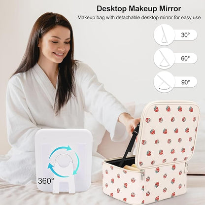 TANTO Makeup Bag With LED Mirror, Travel Makeup Case with Light up Mirror Fashion Cute Cosmetic Bag with 3 Color Lighted Portable Organizer Case with Adjustable Dividers （Strawberry/Beige,Small）