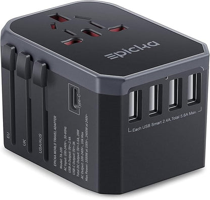 EPICKA Universal Travel Adapter, European Travel Plug Adapter (Not a Voltage Converter) - International Power Adapter Worldwide Charger with USB-C & 4 USB-A Ports, Travel Essentials (TA-105, Grey)