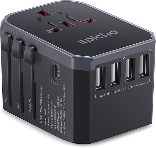 EPICKA Universal Travel Adapter, European Travel Plug Adapter (Not a Voltage Converter) - International Power Adapter Worldwide Charger with USB-C & 4 USB-A Ports, Travel Essentials (TA-105, Grey)