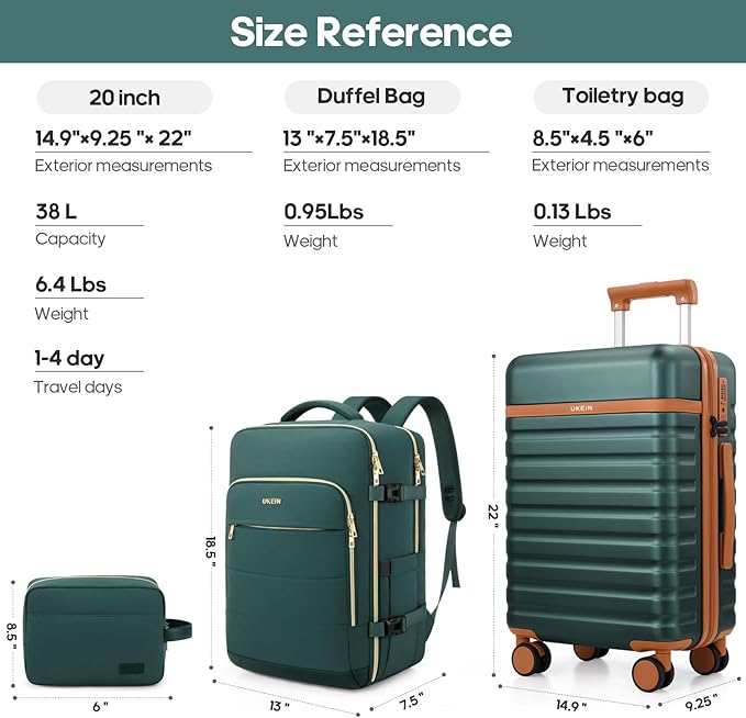 Luggage Sets 3 Piece, Carry On Luggage 20In With Spinner Wheels,PC Hardside Suitcase Set with TSA Lock,Durable Carry On Suitcase With Travel Backpack for Men (Dark Green, 3 piece set (BP/20inch))