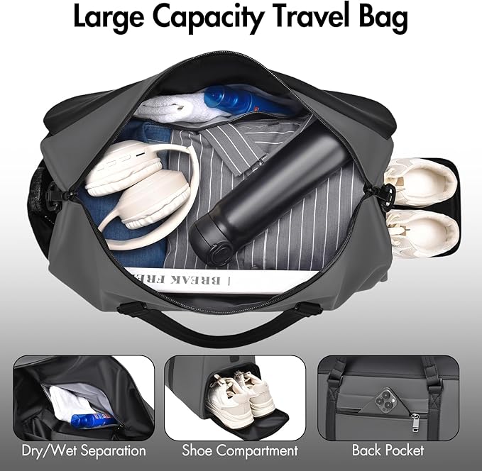 Travel Bag for Men Women, Duffle Bags for Travel with Shoe Compartment Weekender Overnight Carry On Bag with Dry Wet Separated Pocket Personal Item Bag for Gym Trip Workout