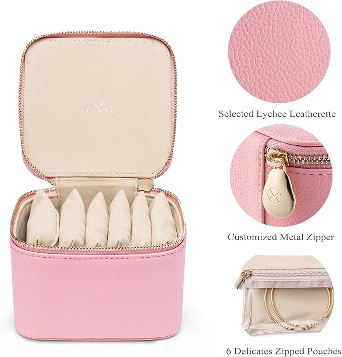 Vlando Travel Jewelry Box Organizer - 6 Small Velvet Zipped Pouches Pockets for Jewelries Necklaces Rings Earrings Sorting Storage, Strawberry Pink