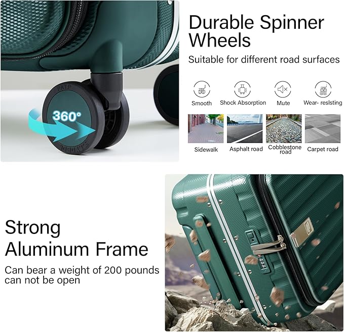 Hanke 24 Inch Checked Luggage Front Opening Rolling Suitcase Hard Sided Luggage with Spinner Wheels Travel Luggagefor Woman Men.(Dark Green)