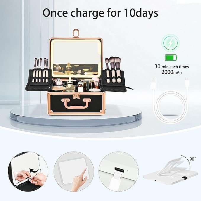 Makeup Case with Lighted Mirror, Makeup Box Organizer with Detachable LED Mirror, Travel Makeup Train Case, Waterproof Cosmetic Organizer, Standing Makeup Brush Holder, Gift, Black Gold