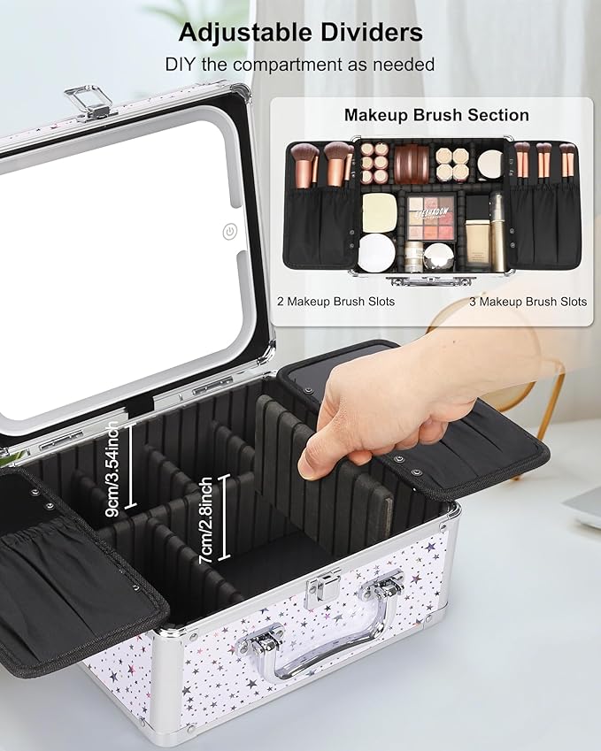 Relavel Makeup Bag with LED Mirror, Makeup Box Travel Train Case with Rechargeable Lighted Mirror, Cosmetic Brush Organizer Storage for Makeup Artists Gifts for Women and Girls, Shining Star