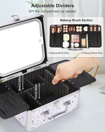Relavel Makeup Bag with LED Mirror, Makeup Box Travel Train Case with Rechargeable Lighted Mirror, Cosmetic Brush Organizer Storage for Makeup Artists Gifts for Women and Girls, Shining Star