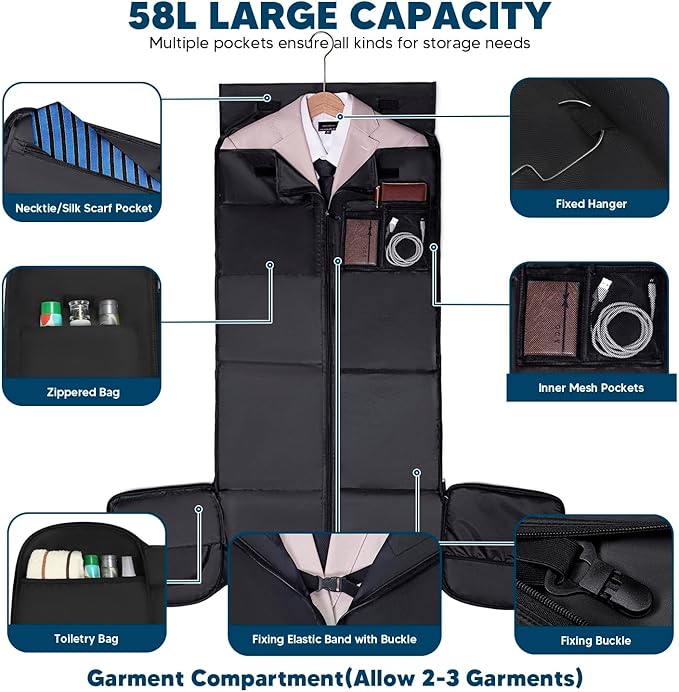 Convertible Garment Bags for Travel, 4 in 1 Duffle Bag for Travel 58L Capacity Carry on Garment Bag with Shoes Compartment Travel Garment Bag with Shoulder Straps Suit Bag for Men Women,Black