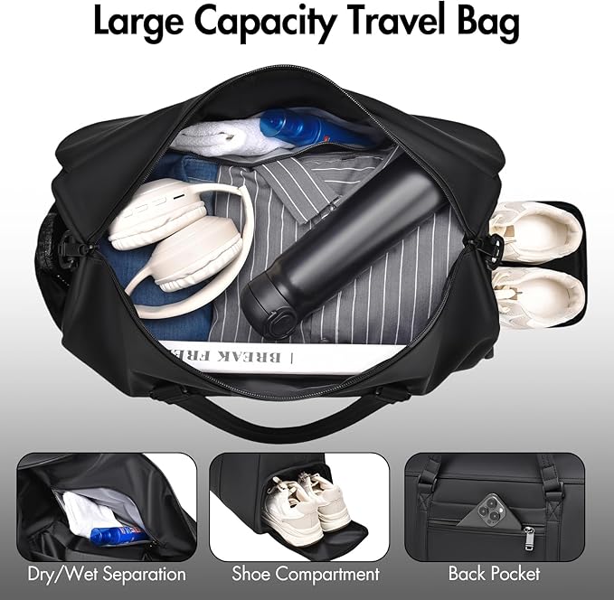 Travel Bag for Men Women, Duffle Bags for Travel with Shoe Compartment Weekender Overnight Carry On Bag with Dry Wet Separated Pocket Personal Item Bag for Gym Trip Workout
