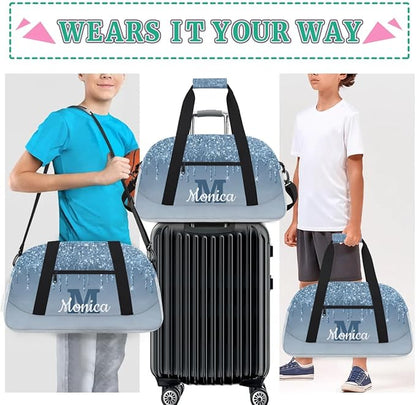 Personalized Kids Sports Duffel Bag with Name Custom Weekender Overnight Bag for Boys Girls Gym Bag Travel Dance Gymnastics Duffel Bag, Cyan Glitter