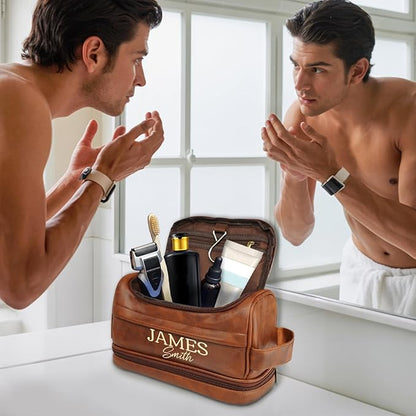 Personalized Toiletry Bag for Men Him, Gifts for Men, Custom Leather Travel Bag Shave Kit, Engraved Pattern Text, Ideal Christmas Gift for Dad, Birthday, Boyfriend, Anniversary, Husband, Son