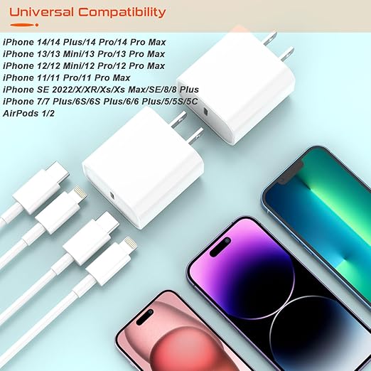 iPhone Charger Fast Charging,20W USB C Fast Charger 3 FT Compatible with iPhone 14 pro/14 pro max /13/12/ 11/ XS/XR/X/8/7/SE/iPad/Airpods,2 Pack PD Wall Charger Block with 3FT Type C Lightning Cable