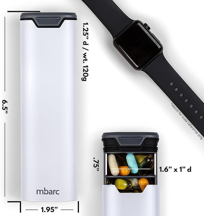 7 Day Weekly Pill Organizer by mbarc - Premium Stylish Aluminum and Wood Large Capacity Pill Box for Supplements, Pills, Vitamins and Medicine. (White)