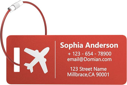 4 Personalized Metal Luggage Tags, Laser Engrave Name and Logo, Custom Aluminum Suitcase Tags with Steel Ring, for Travel, Backpack, Baggage (Red)