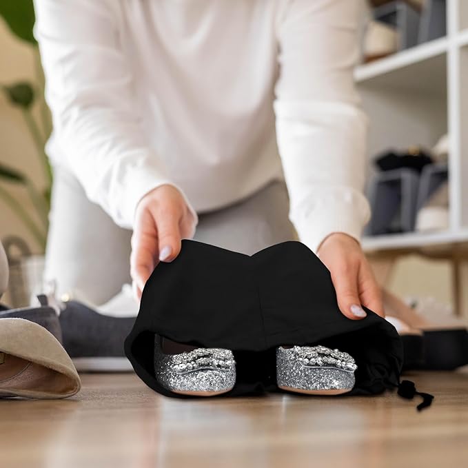 4 Pcs Travel Shoe Bags Spandex Shoes Pouch with Interior Divider and Drawstring for Women Men Luggage Packing (Black)