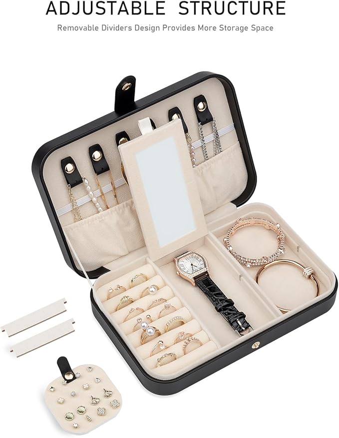 Small Jewelry Box, Travel Jewelry Case Portable Jewelry Boxes for Women, 2-Layer Mini Jewelry Travel Organizer, Gift for Women Girls, Black A