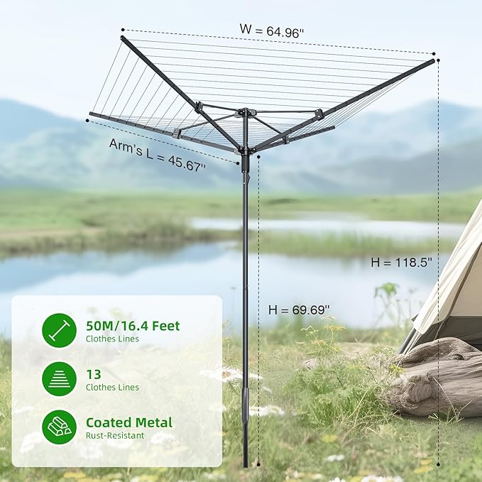 Outdoor Umbrella Clothes Drying Rack,Rotary Clothesline Adjustable Height Drying Rack Clothing 4 Arms 12 Lines with 165 Feet Drying Space,Steel Frame Laundry Drying Rack with Ground Spike for Backyard