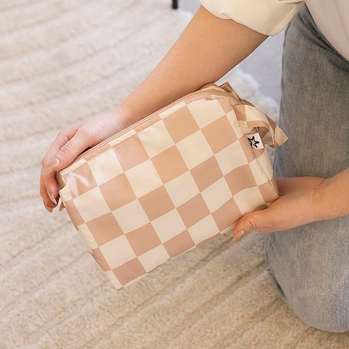 Tiny Twinkle Waterproof Travel Toiletry & Makeup Bag Organizer | Large Capacity Cosmetic Case with Compartments & Handle, A Thoughtful Travel Companion for Women（Beige Checkers
