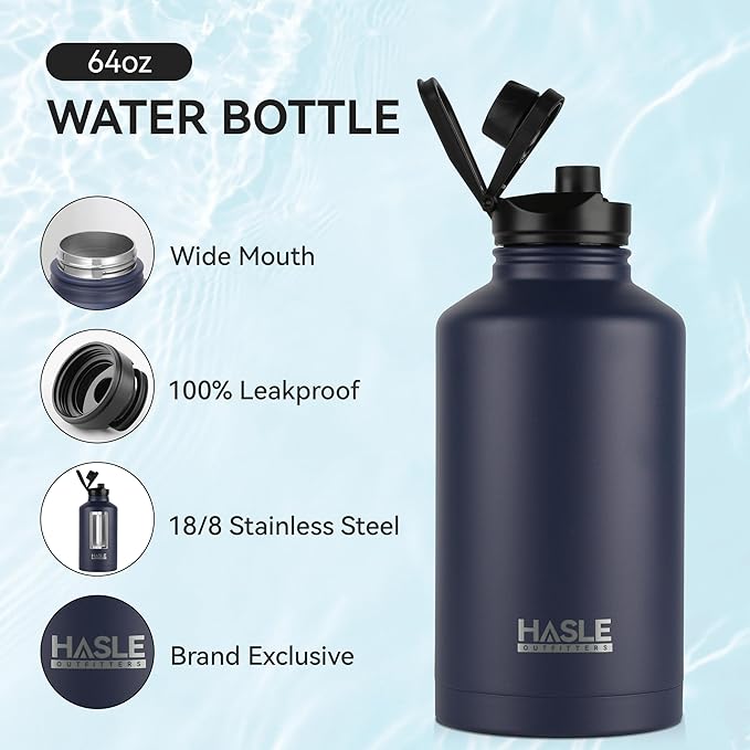 HASLE OUTFITTERS Half Gallon Insulated Water Bottles 64 oz, Stainless Steel Metal Water Jug with 2 Lids Keep Cold 48h/Hot 24h, Leak Proof & BPA-Free Water Flask Jug(Navy,1)