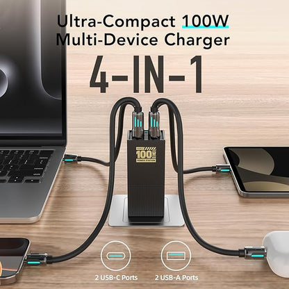 MFish 100W USB C Charger, Foldable Fast Laptop GaN Charger, 4-Port USB C Wall Charger Power Adapter Ports for MacBook Pro 17, 16'', Dell XPS, iPhone 17/16/15 Pro Max, 6-in-1 Power Strip