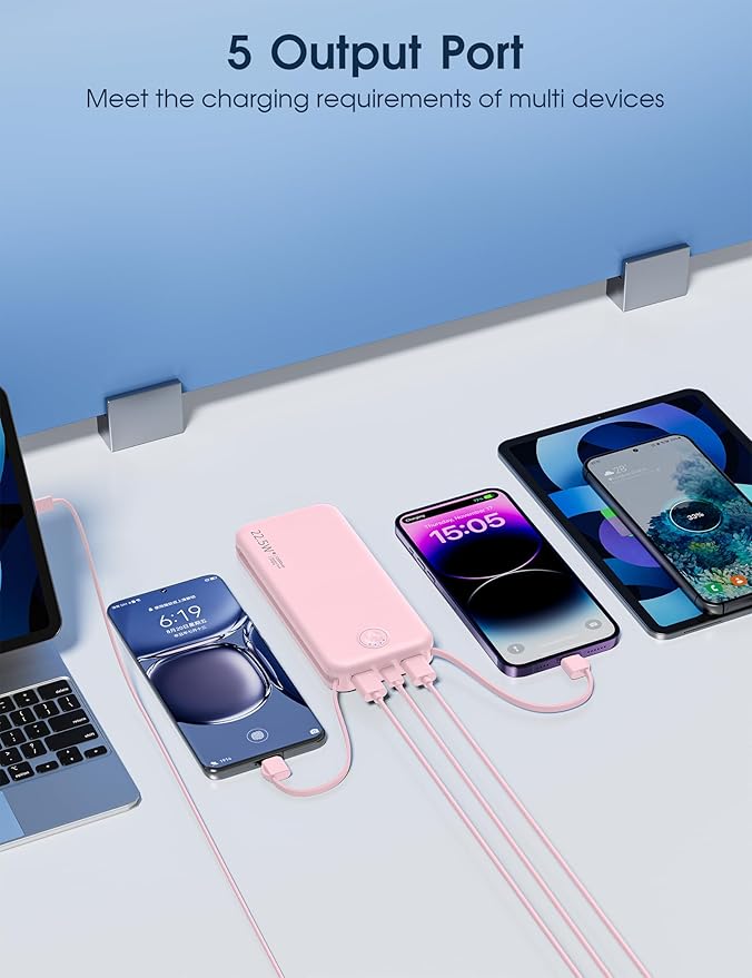 22.5W Super Fast Charging Portable Charger with Wall Plug,12000mAh USB-C Power Bank Built-in 2 Cable, Lightweight Phone Charger Travel Battery Pack for All iPhone, Samsung, Tablets