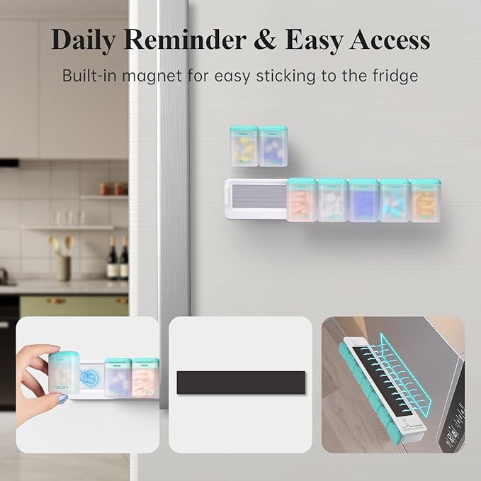 Weekly Pill Organizer Magnetic, Removable Pill Box 7 Day 1 Time a Day, Large Pill Case Travel, Week Once Daily Medication Dispenser, Medicine Container Holder for Supplement Vitamin, Cyan