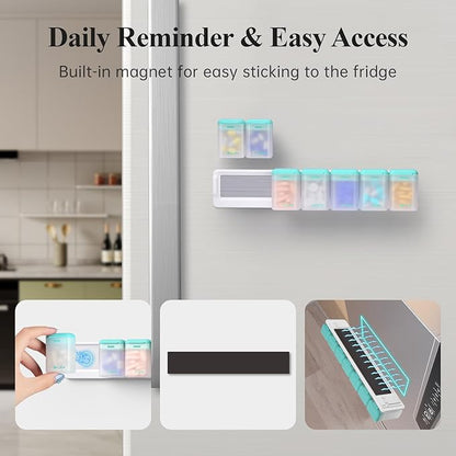 Weekly Pill Organizer Magnetic, Removable Pill Box 7 Day 1 Time a Day, Large Pill Case Travel, Week Once Daily Medication Dispenser, Medicine Container Holder for Supplement Vitamin, Cyan