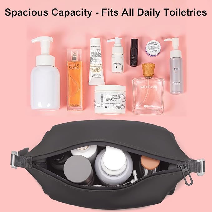Vomgomfom 3L 6.5 Inch Silicone Toiletry Bag, Waterproof Leakproof Travel Cosmetic Organizer, Adjustable G-Buckle Compression Dopp Kit, Foldable Makeup Bag for Women & Men, Black