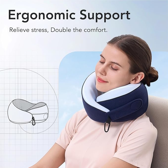 Travel Pillow, 100% Pure Memory Foam Travel Neck Pillow Airplane Neck Support Ergonomic Design for Traveling Suitable for Airplanes,Offices and Cars-Cooling Silk Blue
