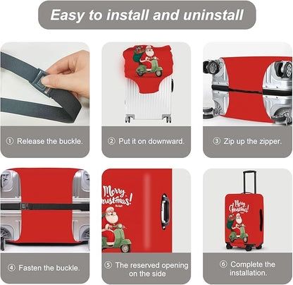 Santa on Scooter Luggage Cover - Christmas Riding Green Scooter with Gifts, Whimsical Modern Holiday Design for 32 34 Inch Travel