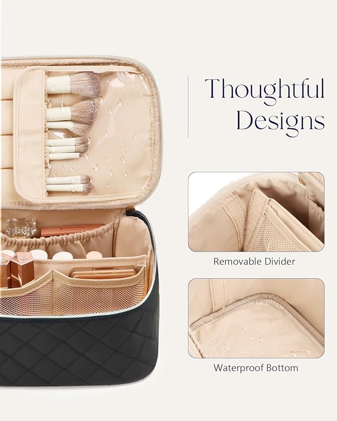 Prite Makeup Bag Portable Cosmetic Organizer with Brush Holder Waterproof Travel Toiletry Bag for Women with Handle and Divider (Black Rhombus)