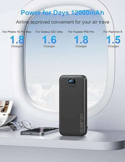 Portable Charger with Wall Plug, 12000mAh USB C Power Bank Fast Charging, External Battery Pack with Built in Cables, Digital Display, 5 Output 4 Input for iPhone Android Cell Phone Tablet