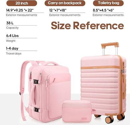 UKEIN Luggage Sets 3 Piece, Carry On Luggage 20In With Spinner Wheels,PC Hardside Suitcase Set with TSA Lock,Durable Carry On Suitcase With Travel Backpack for Men (Pink, 3 piece set (20inch))