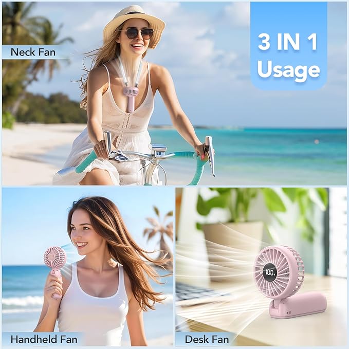 PANERGY Portable Handheld Fan, 5000mAh Rechargeable, 14H Max Cooling Time, 4 Gear Wind & LED Display, 90° Foldable Design, 3-IN-1 Mini Fan for Travel Working Concerts Makeup - Pink