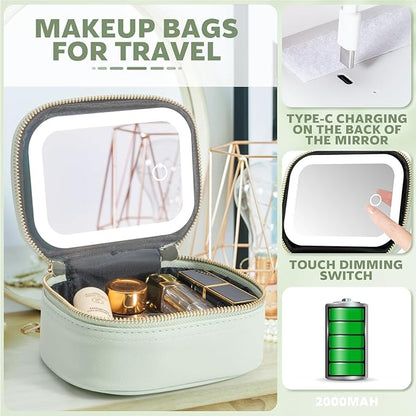 Small Makeup Bag with Led Mirror, Mini Travel Make up Bag 3 Light Modes Adjustable Brightness, for Women Organizer Cosmetic Bag, Portable Travel Train Toiletry Bag, for Pool Parties Work Touch-Ups