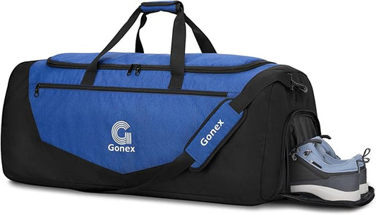 Gonex Gym Duffel Bag with Shoe Compartment Wet Pocket, Large Capacity Sports Duffle Bag for Men Women, Workout & Travel Bag with Multiple Pockets, Black/Blue, Large (100L)
