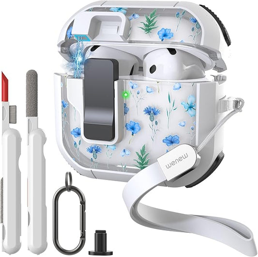 WENEW Case for AirPods 4th Case Cover Secure Lock Automatic Snap Switch Clip Cleaner Kit Lanyard Women Stylish Flower Armour Hard Shell Full Body Front LED Visible (Blue Flower, AirPods 4th)